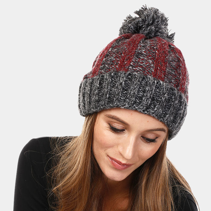 HATEGORY Two-Tone Pom Pom Beanie Hat