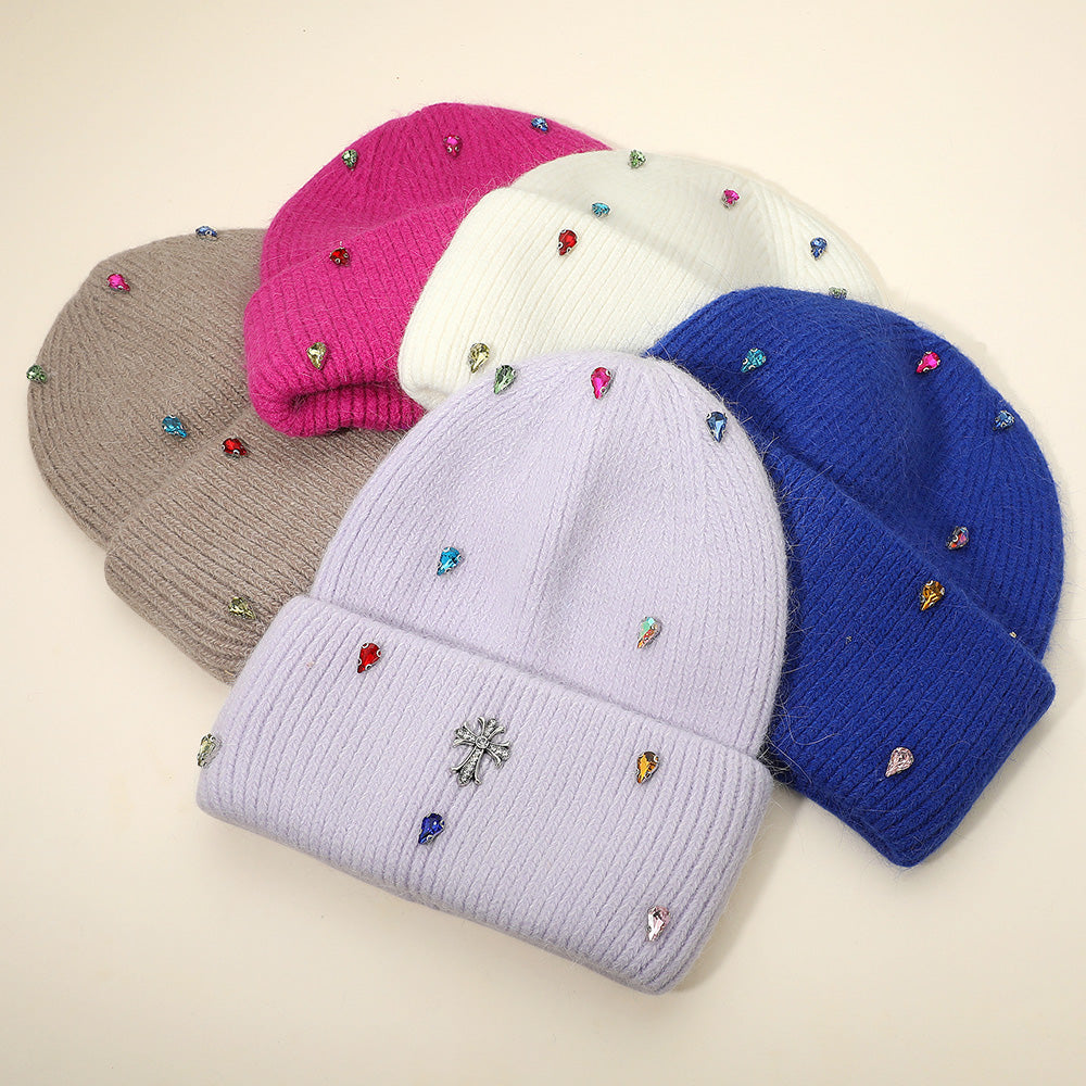 HATEGORY Rhinestone Cross Accent Teardrop Stone Cluster Embellished Knit Beanie Hat