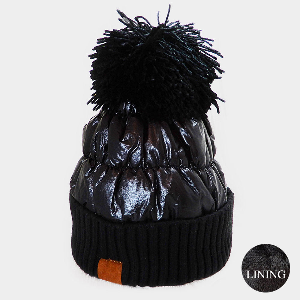 HATEGORY Fleece Lining Puffer Knit Pom Pom Beanie Hat