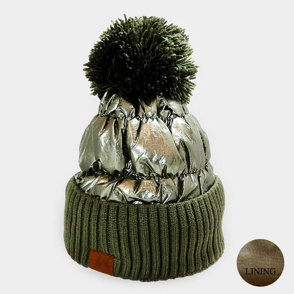 HATEGORY Fleece Lining Puffer Knit Pom Pom Beanie Hat