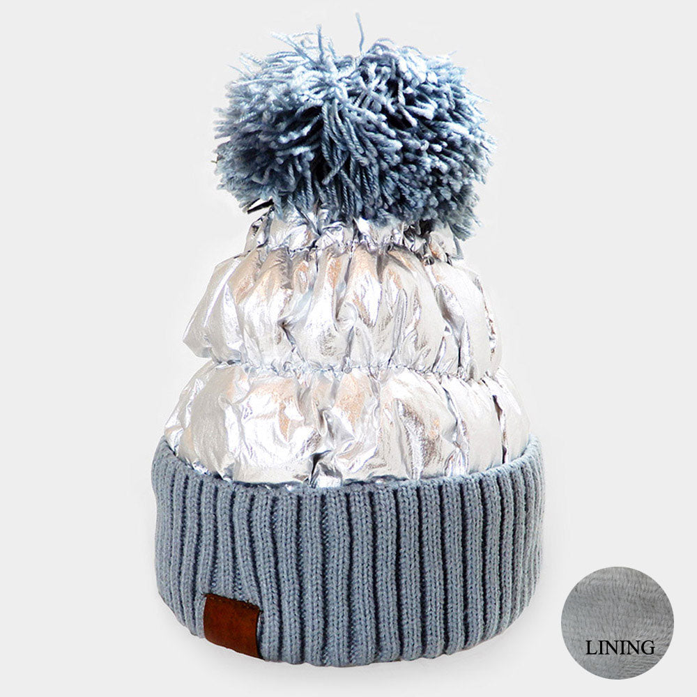 HATEGORY Fleece Lining Puffer Knit Pom Pom Beanie Hat