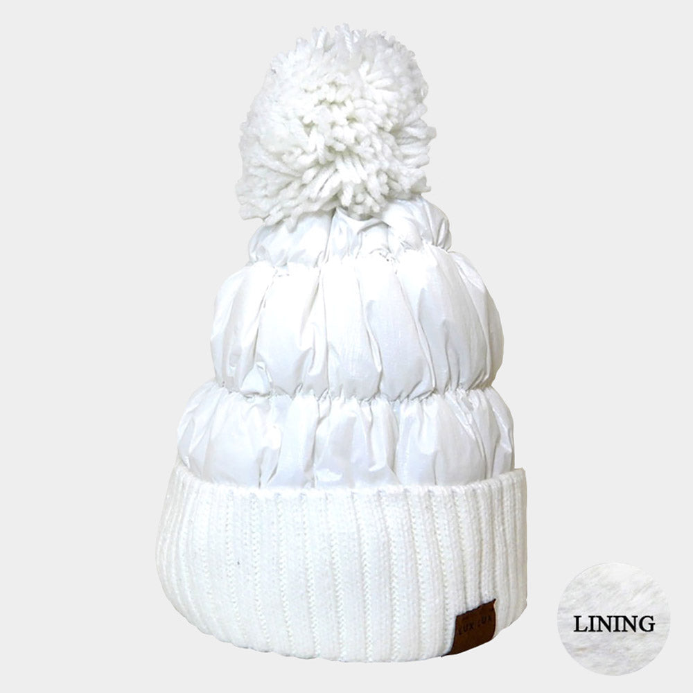 HATEGORY Fleece Lining Puffer Knit Pom Pom Beanie Hat