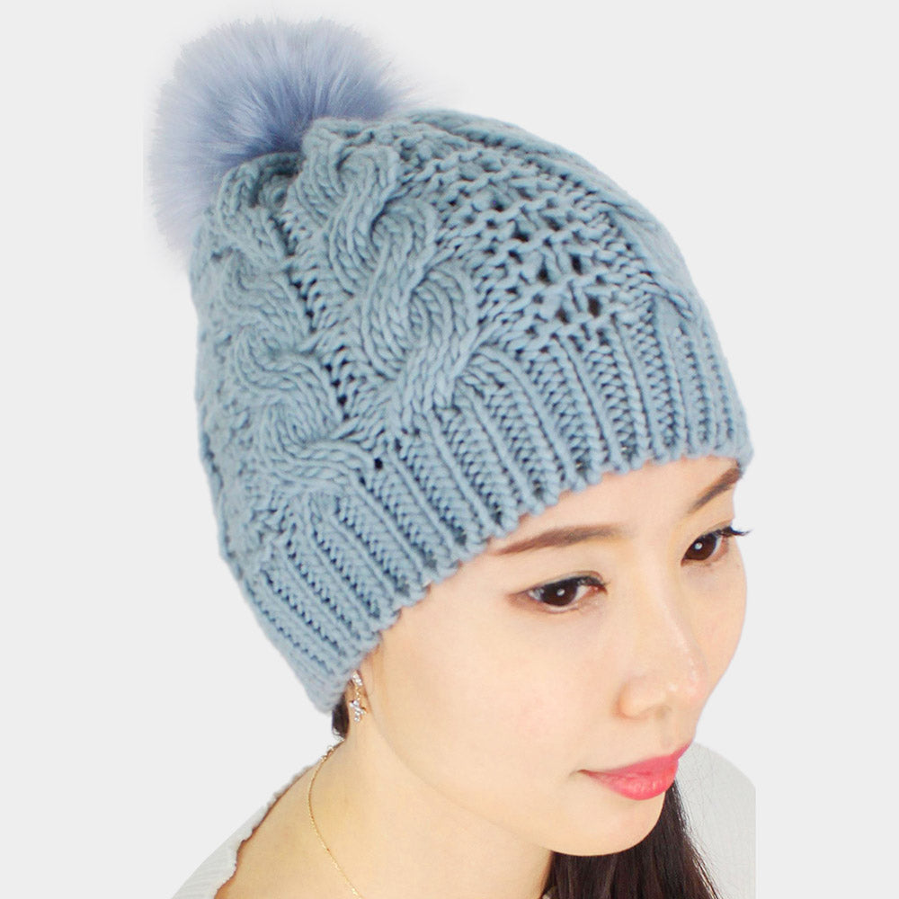 HATEGORY Cable Knit Pom Pom Beanie Hat