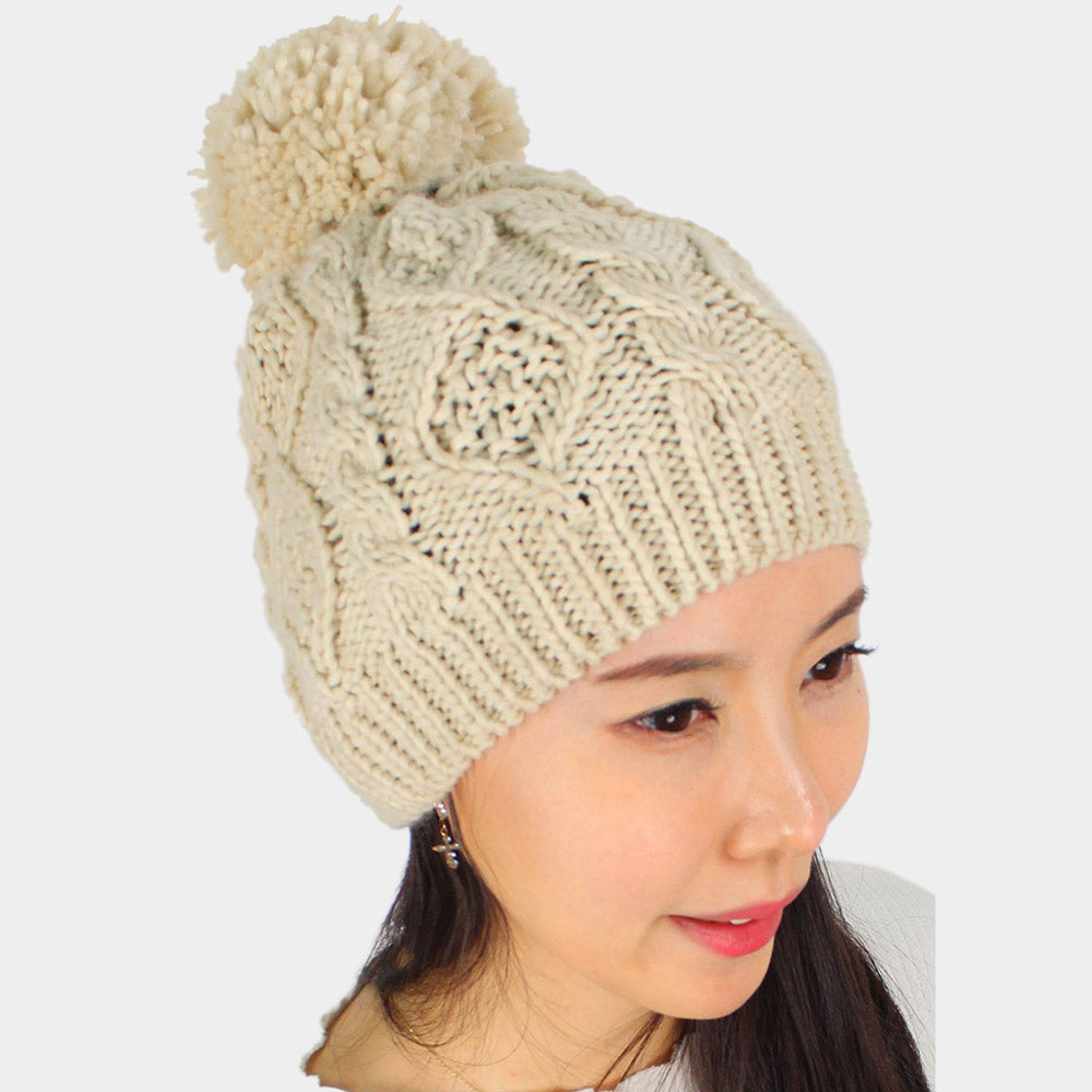 HATEGORY Cable Knit Pom Pom Beanie Hat