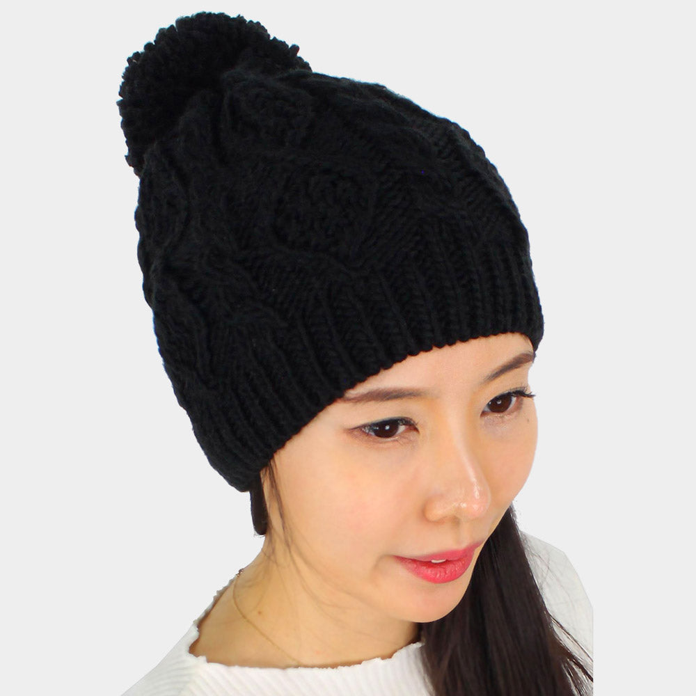 HATEGORY Cable Knit Pom Pom Beanie Hat