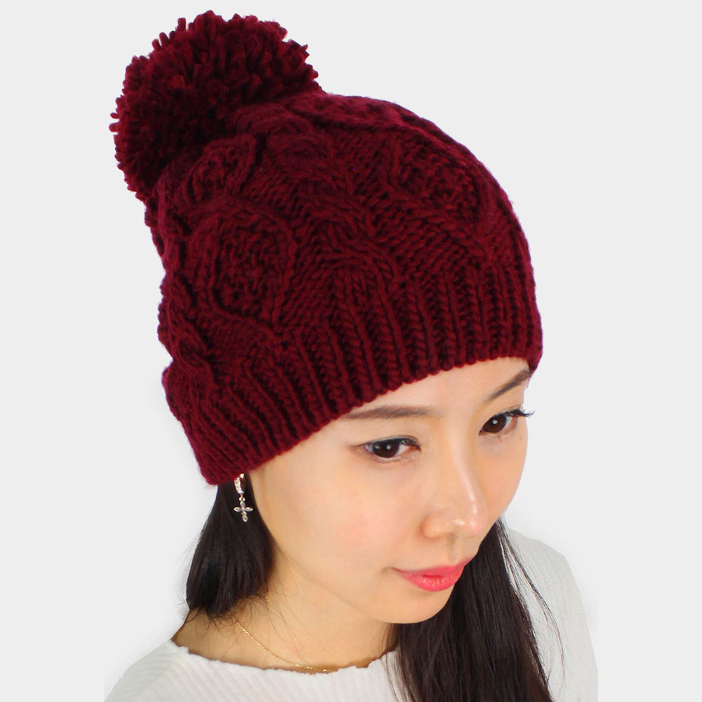 HATEGORY Cable Knit Pom Pom Beanie Hat
