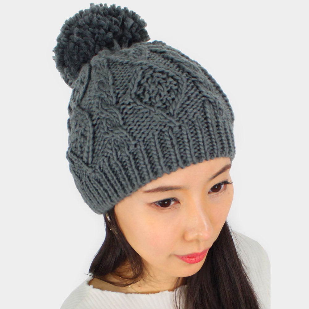 HATEGORY Cable Knit Pom Pom Beanie Hat