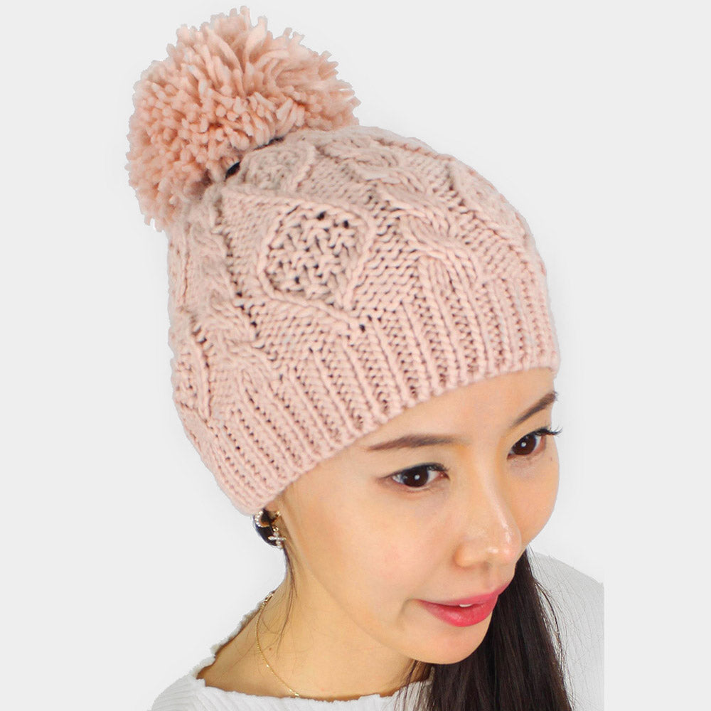 HATEGORY Cable Knit Pom Pom Beanie Hat