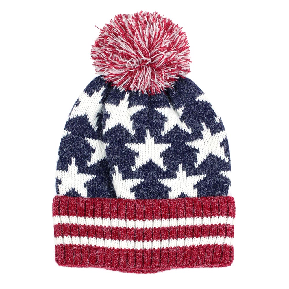 HATEGORY Pom Pom American USA Flag Knit Beanie Hat