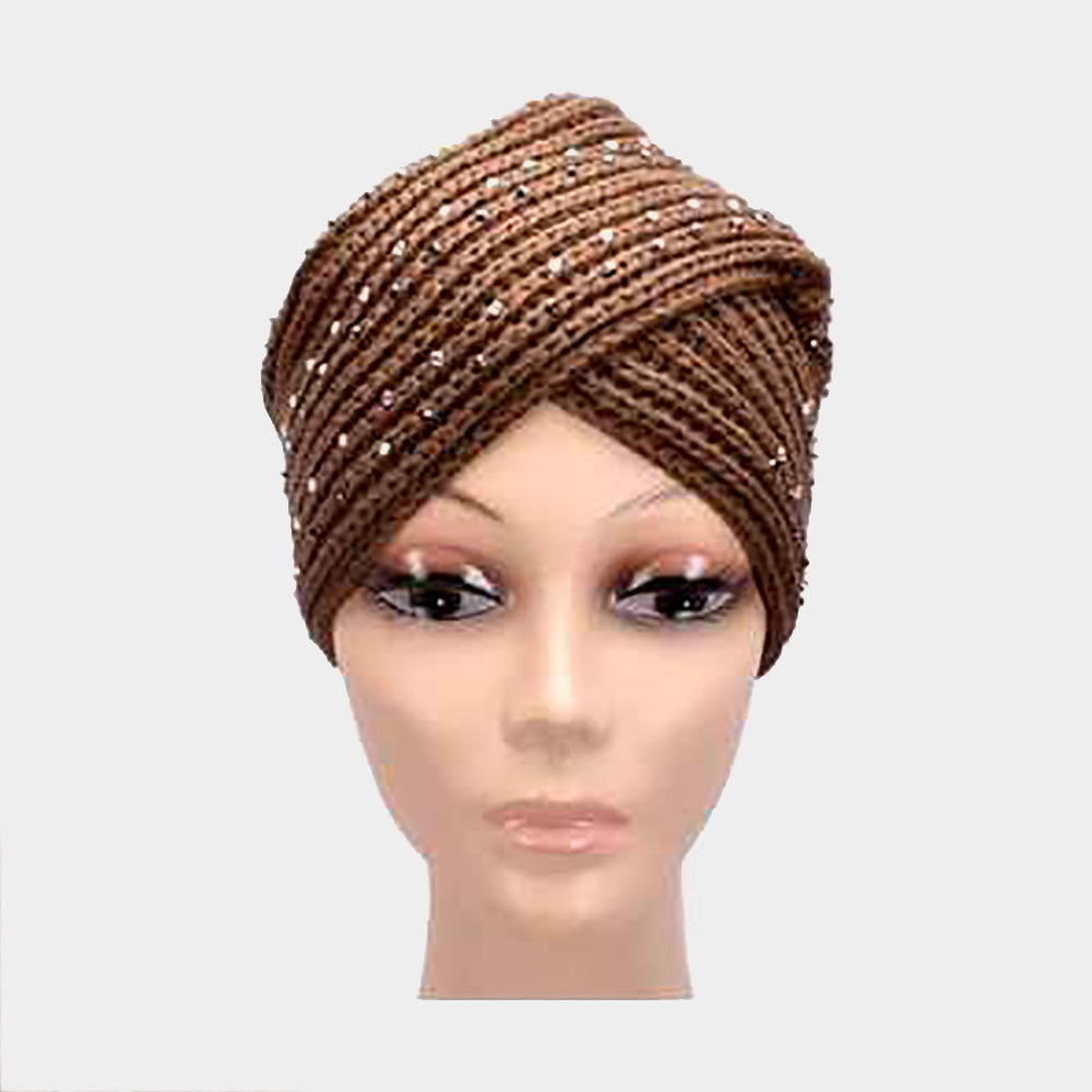 HATEGORY Rhinestone Knit Turban Beanie Hat
