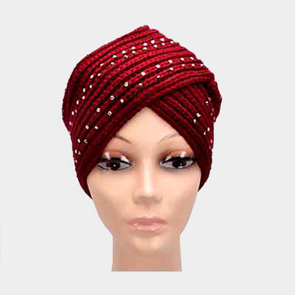 HATEGORY Rhinestone Knit Turban Beanie Hat