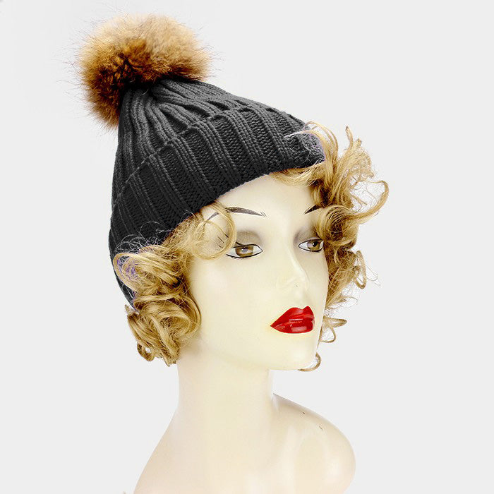 HATEGORY Soft Cable Knit Genuine Fox Fur Pom Pom Beanie Hat