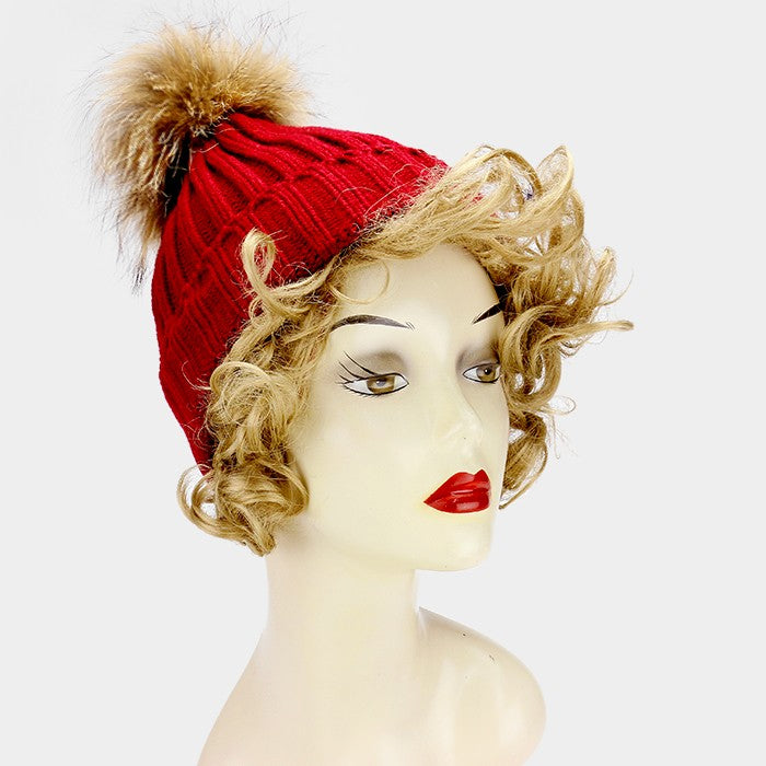 HATEGORY Soft Cable Knit Genuine Fox Fur Pom Pom Beanie Hat