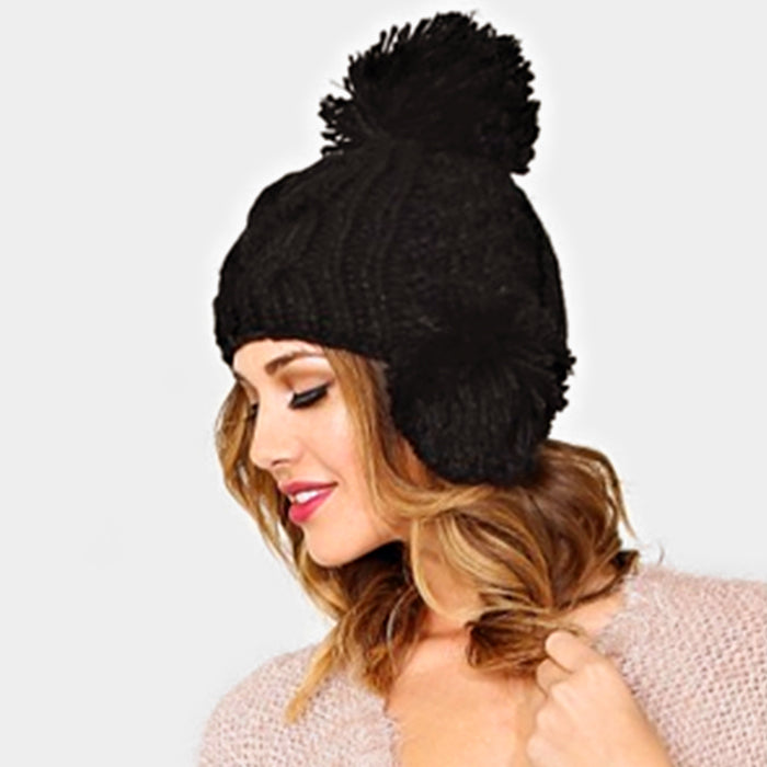 HATEGORY Triple pom pom earflap beanie hat