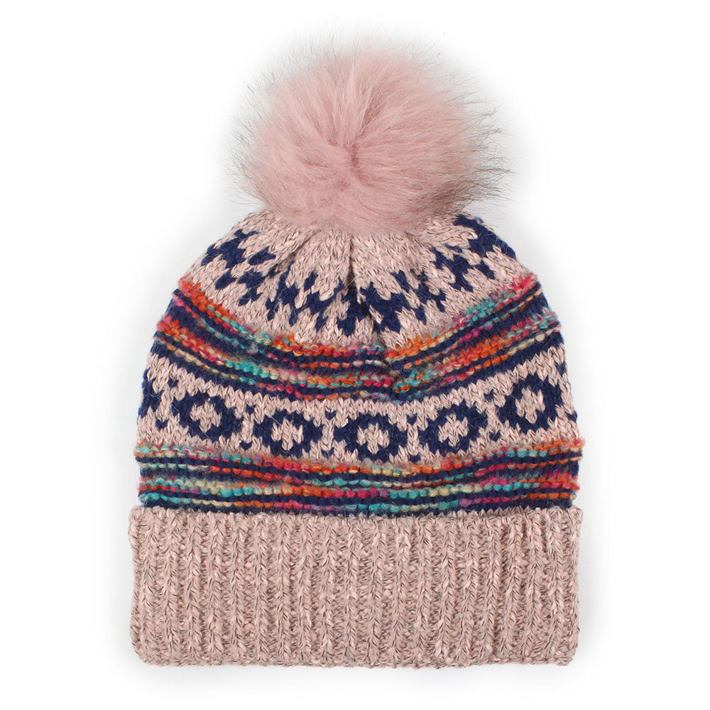 HATEGORY Ethnic Patterned Knit Pom Pom Beanie Hat