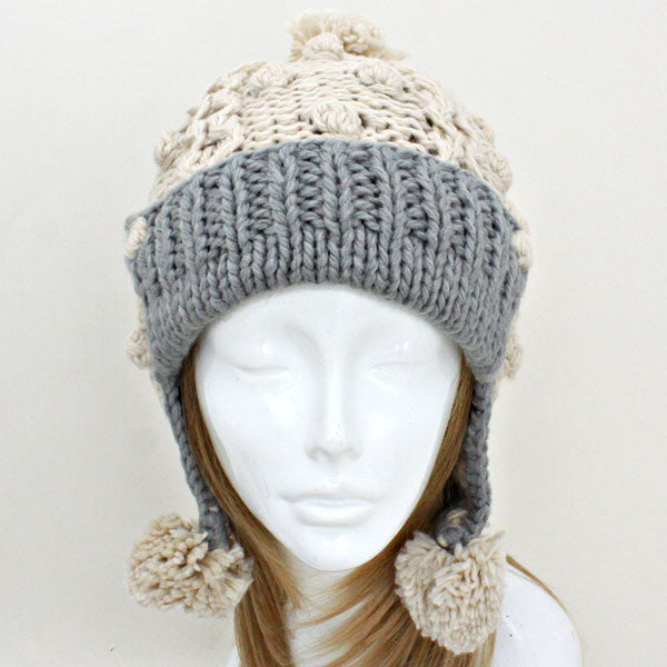 HATEGORY Knitted Ear Flap Pom Pom Beanie