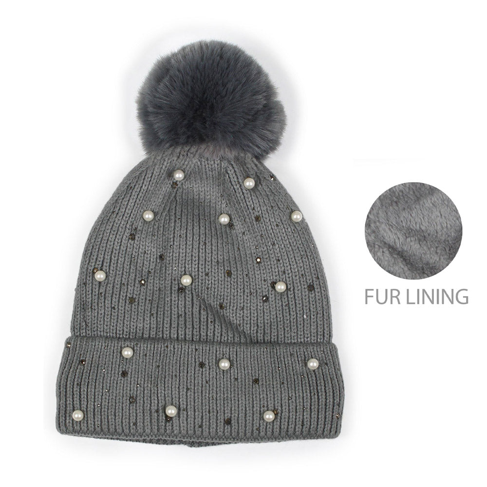 HATEGORY Pearl Embellished Lining Knit Pom Pom Beanie Hat