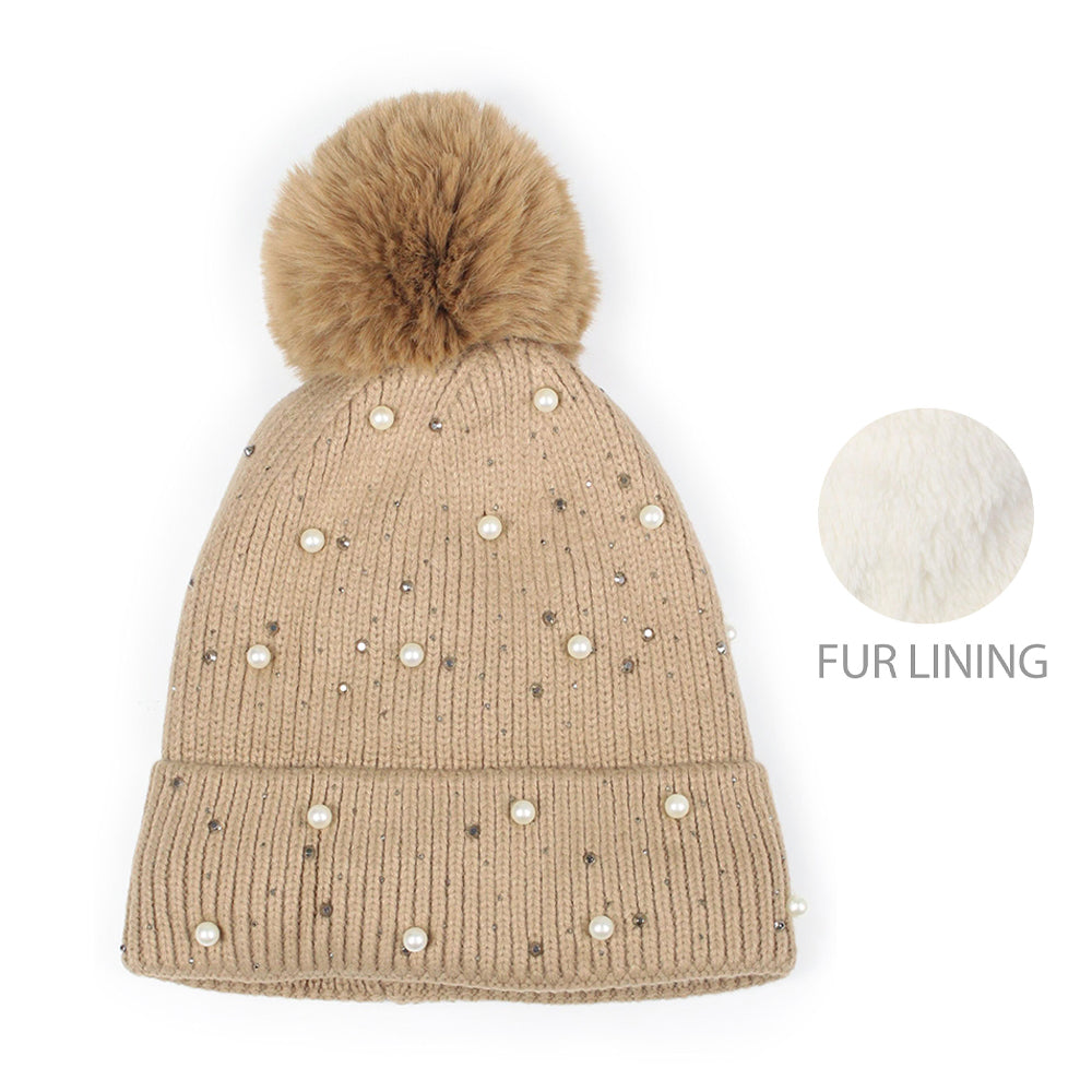 HATEGORY Pearl Embellished Lining Knit Pom Pom Beanie Hat