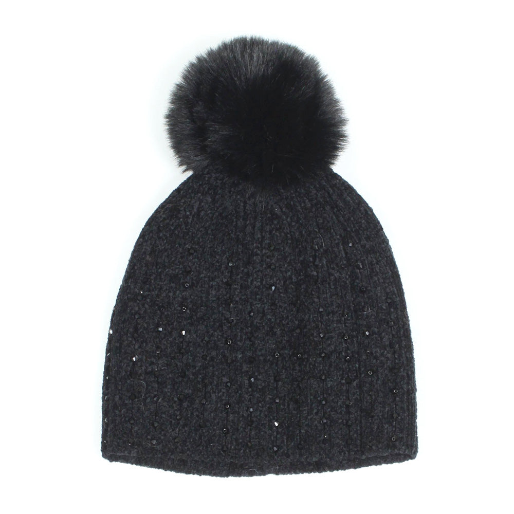 HATEGORY Stone Embellished Chenille Pom Pom Beanie Hat