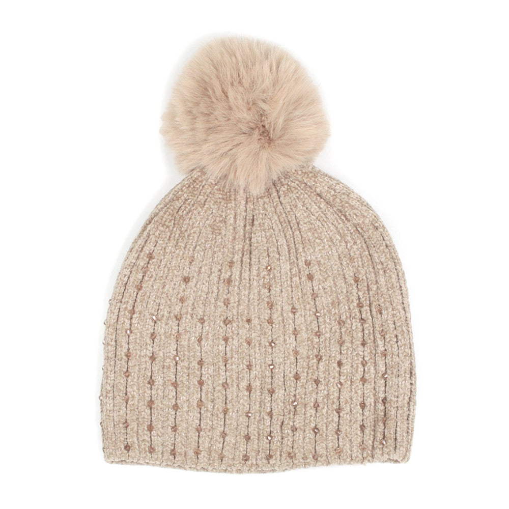 HATEGORY Stone Embellished Chenille Pom Pom Beanie Hat