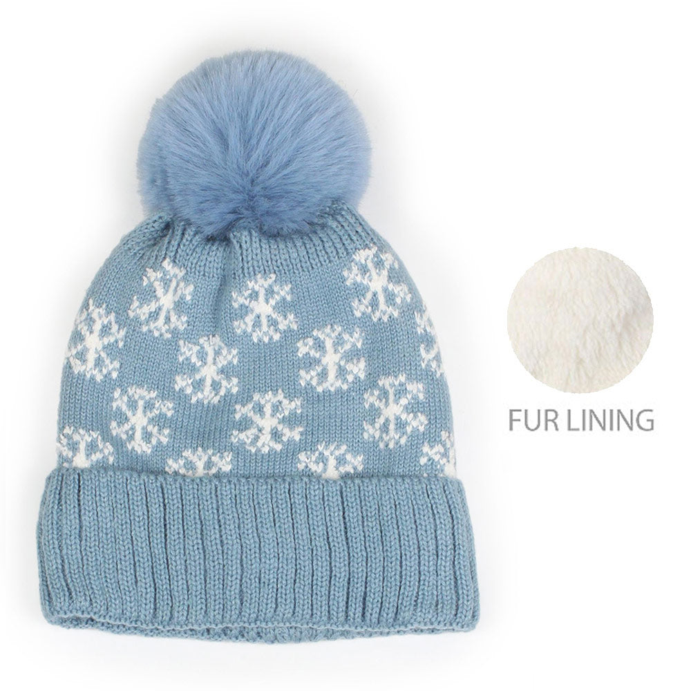 HATEGORY Snowflake Patterned Faux Fur Lining Knit Pom Pom Beanie Hat