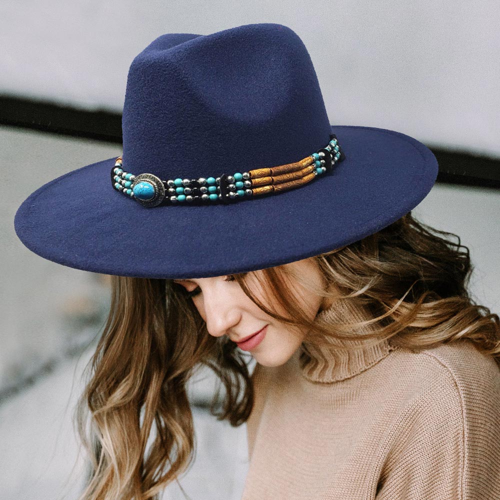 HATEGORY Turquoise Accented Felt Rancher Panama Hat
