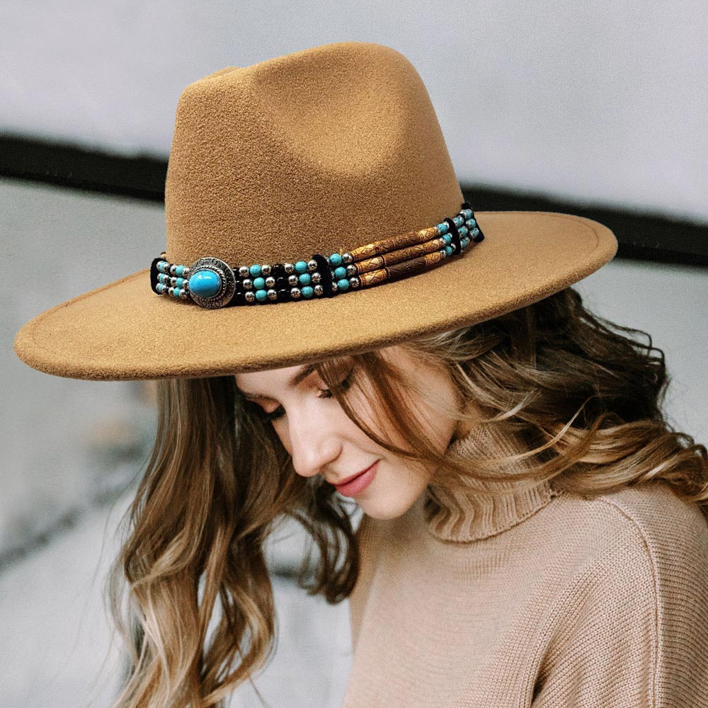 HATEGORY Turquoise Accented Felt Rancher Panama Hat