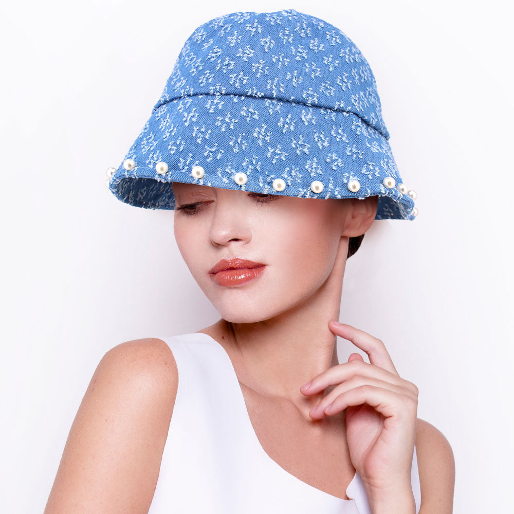 HATEGORY Pearl Embellished Patterned Bucket Hat