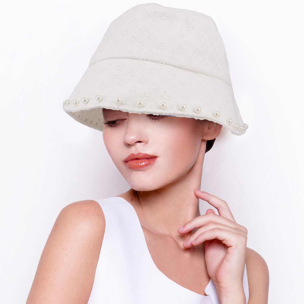 HATEGORY Pearl Embellished Patterned Bucket Hat
