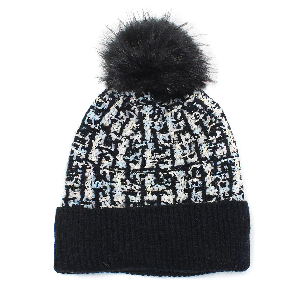 HATEGORY Tweed Look Pom Pom Knit Beanie Hat