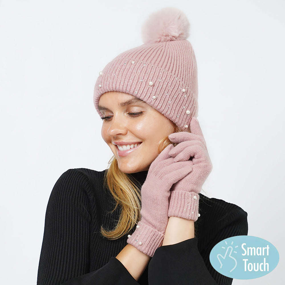 HATEGORY Pearl Stone Deco Embellished Pom Pom Beanie Hat Touch Smart Gloves Set