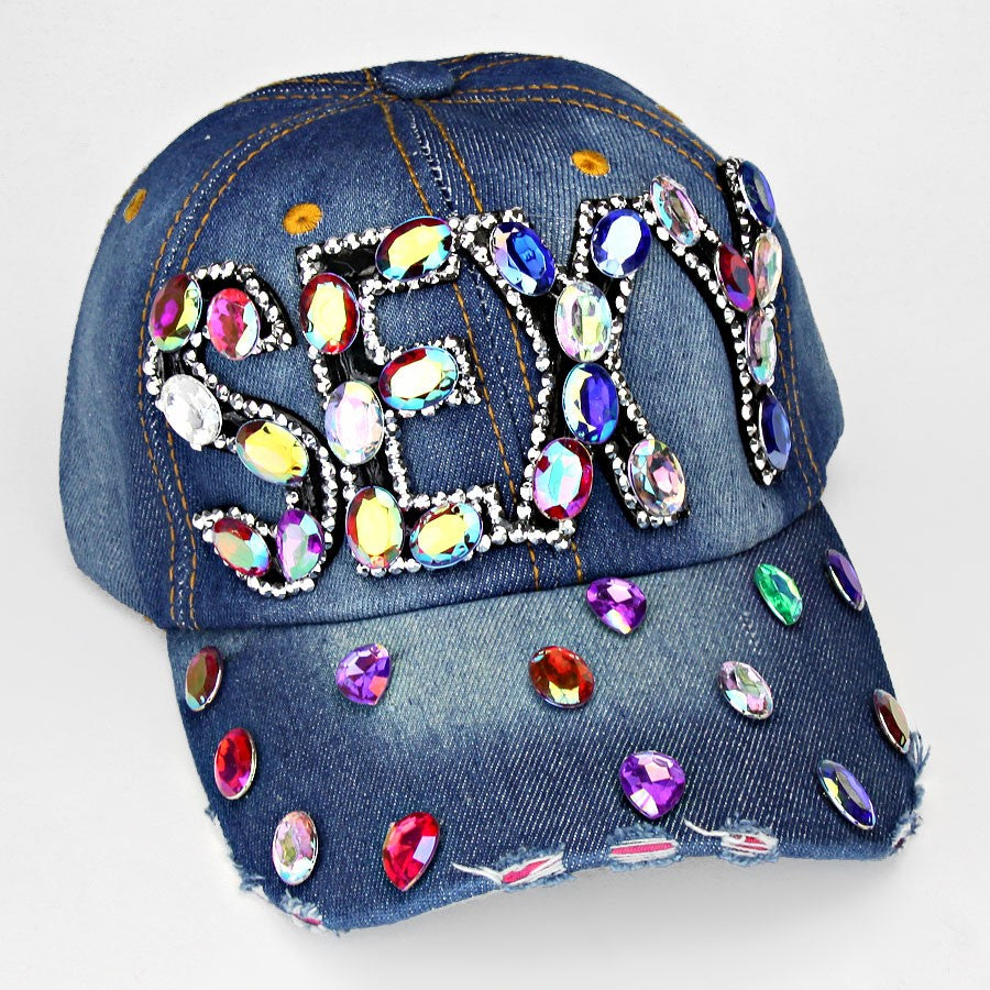 HATEGORY "SEXY" Embedded Bling Denim Cap