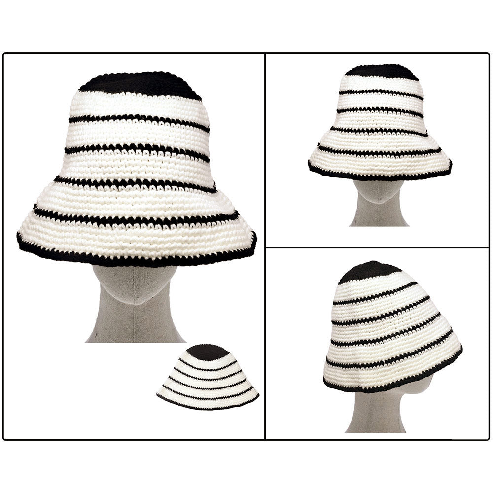 HATEGORY Wire Inserted Rim Crochet Knit Striped Pattern Bucket Hat