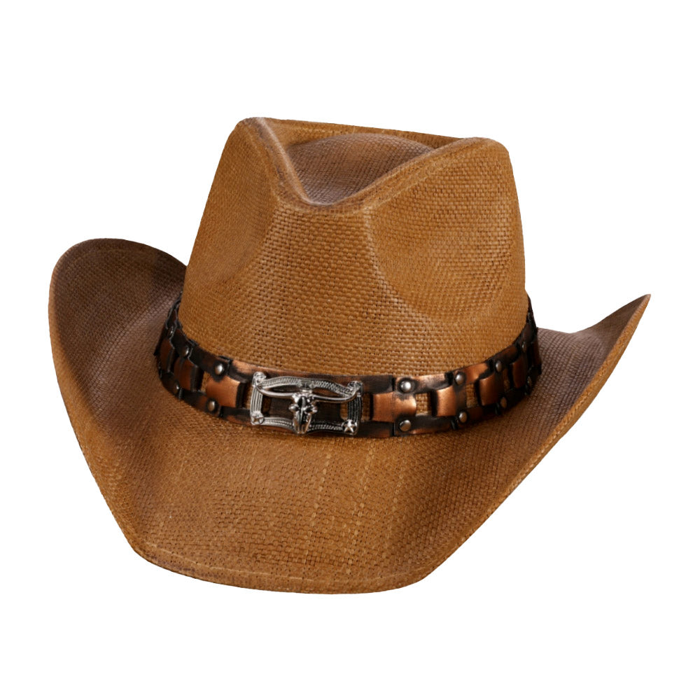 HATEGORY Steer Head Accented Faux Leather Band Straw Cowboy Hat