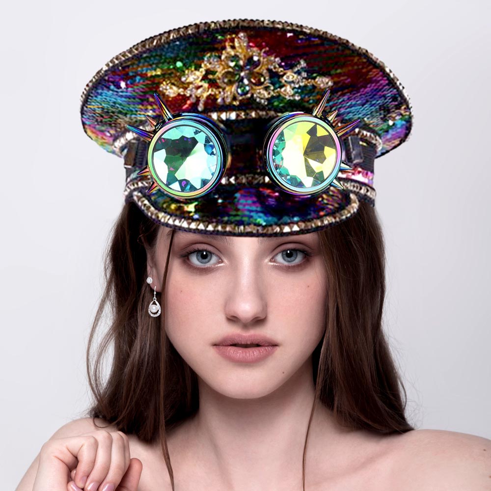 HATEGORY Steampunk Goggle Sequin Captain Rave Hat