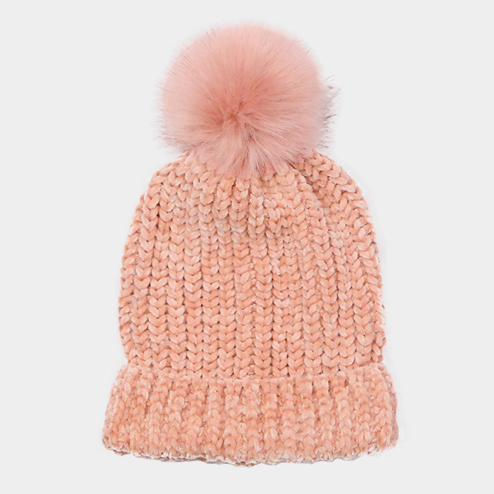 HATEGORY Faux Fur Pom Pom Chenille Beanie Hat