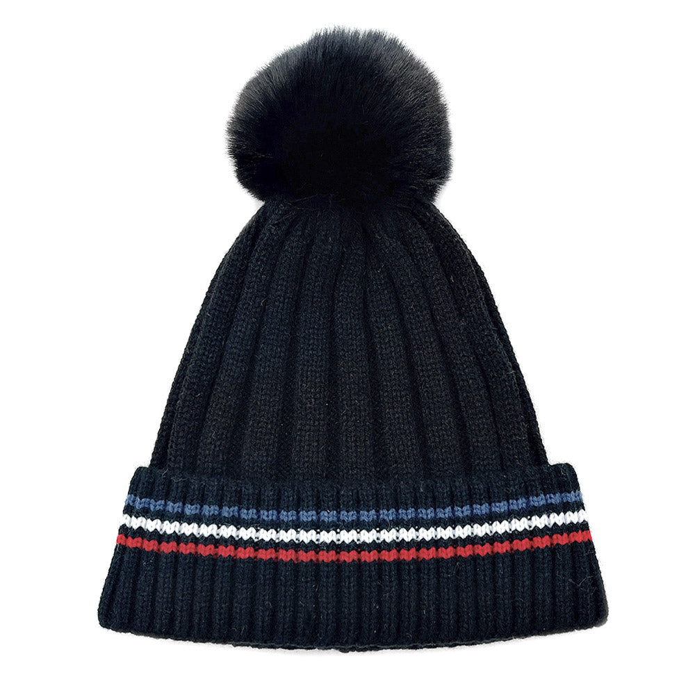 HATEGORY Stripe Pointed Faux Fur Pom Pom Knit Beanie Hat