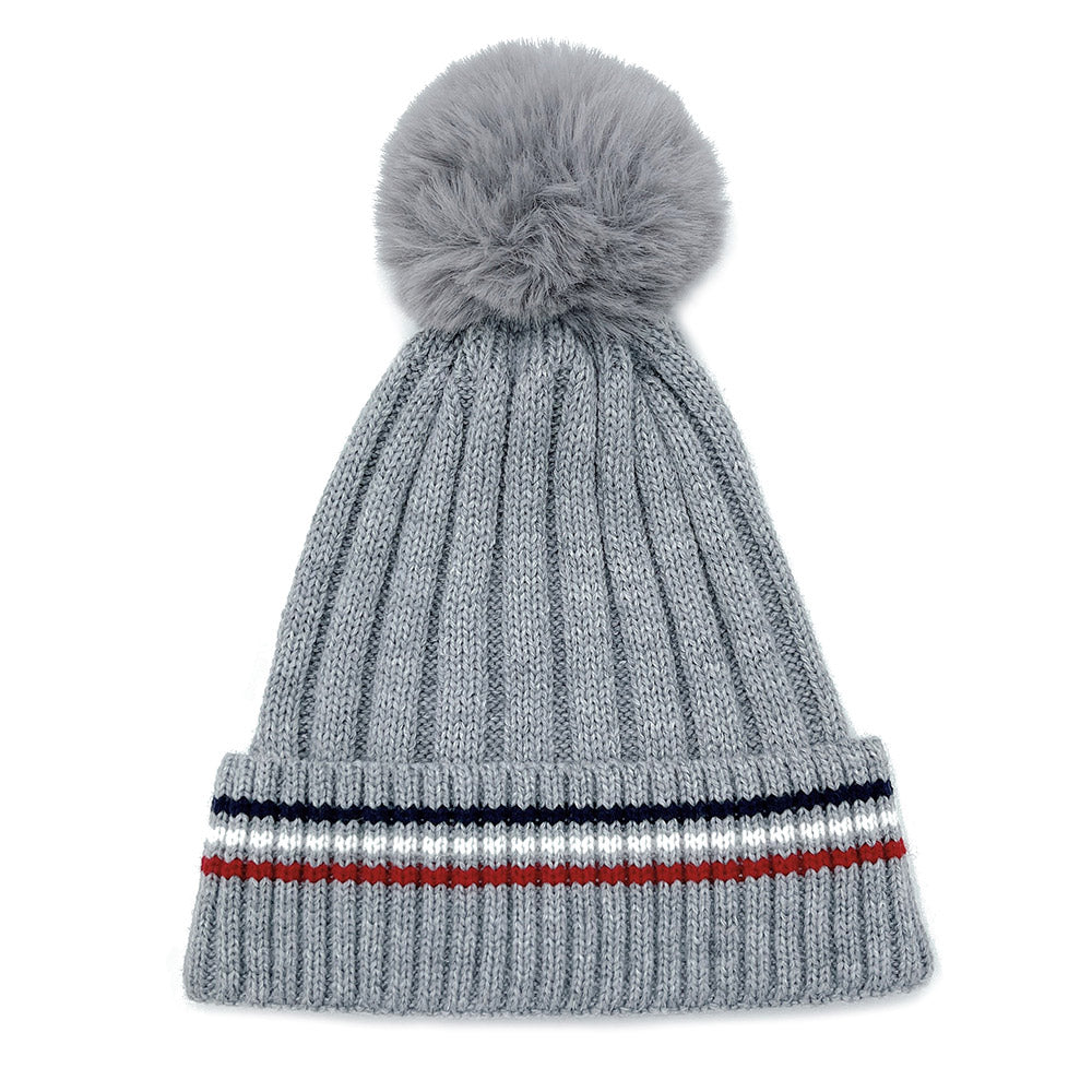 HATEGORY Stripe Pointed Faux Fur Pom Pom Knit Beanie Hat