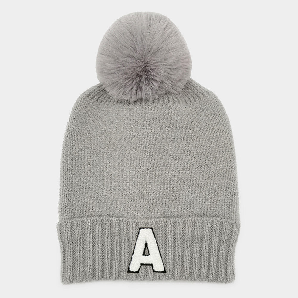 HATEGORY -A- Initial Monogram Faux Fur Pom Pom Knit Beanie Hat