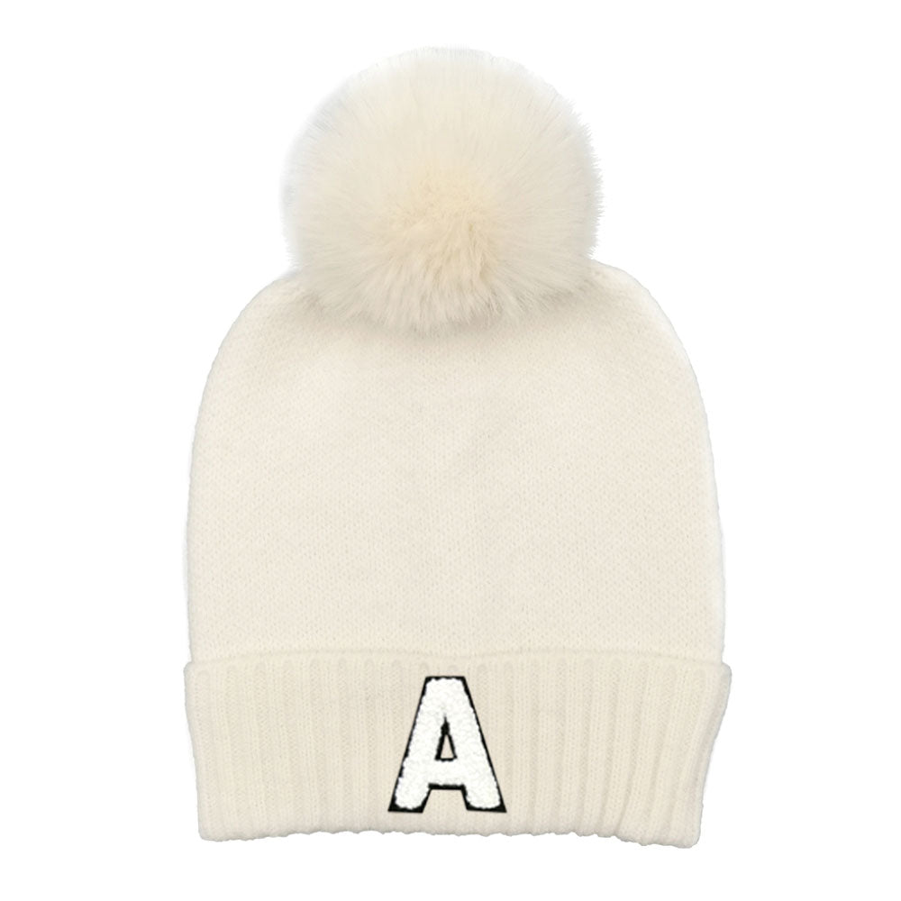 HATEGORY -A- Initial Monogram Faux Fur Pom Pom Knit Beanie Hat