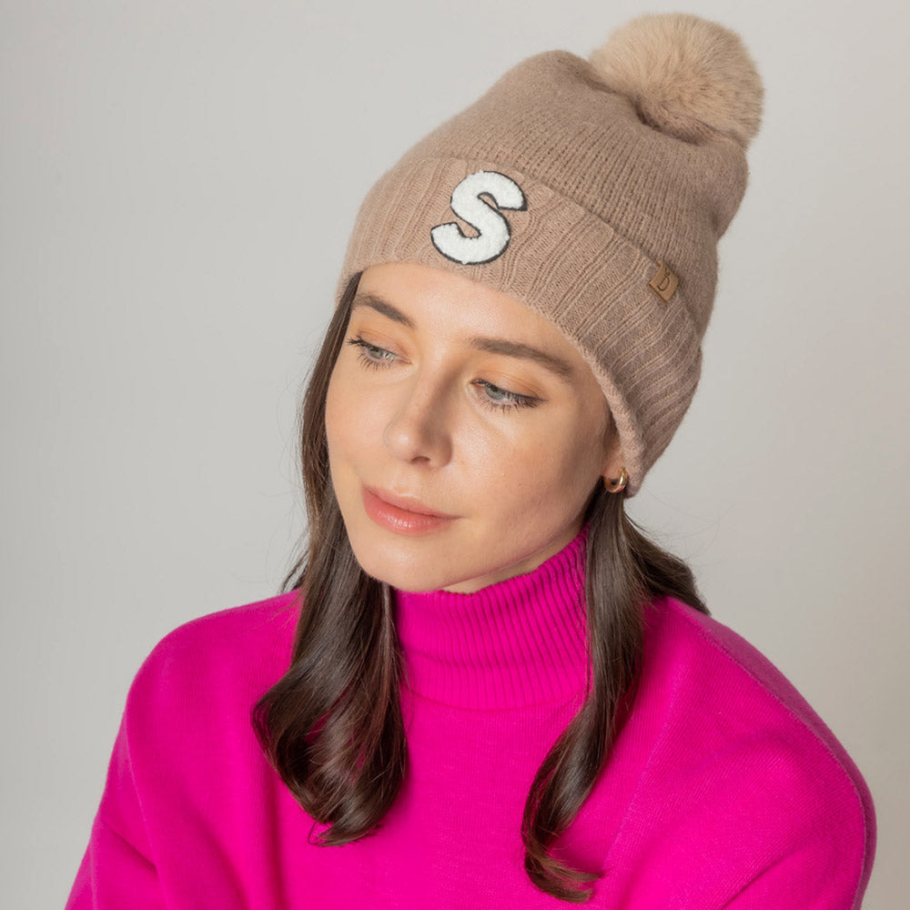HATEGORY -A- Initial Monogram Faux Fur Pom Pom Knit Beanie Hat