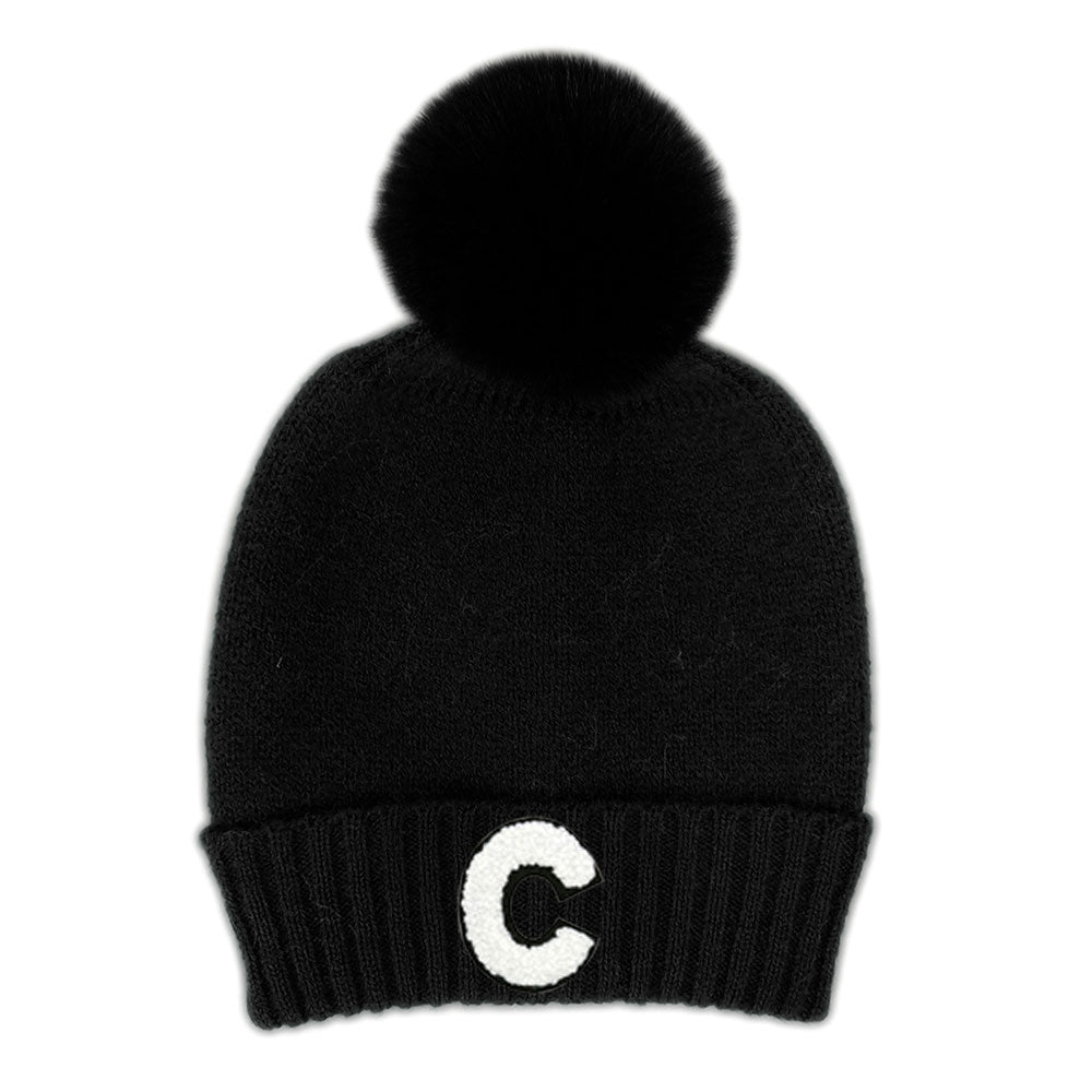 HATEGORY -C- Initial Monogram Faux Fur Pom Pom Knit Beanie Hat