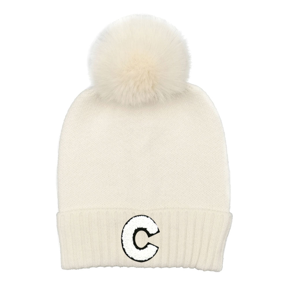 HATEGORY -C- Monogram Faux Fur Pom Pom Knit Beanie Hat