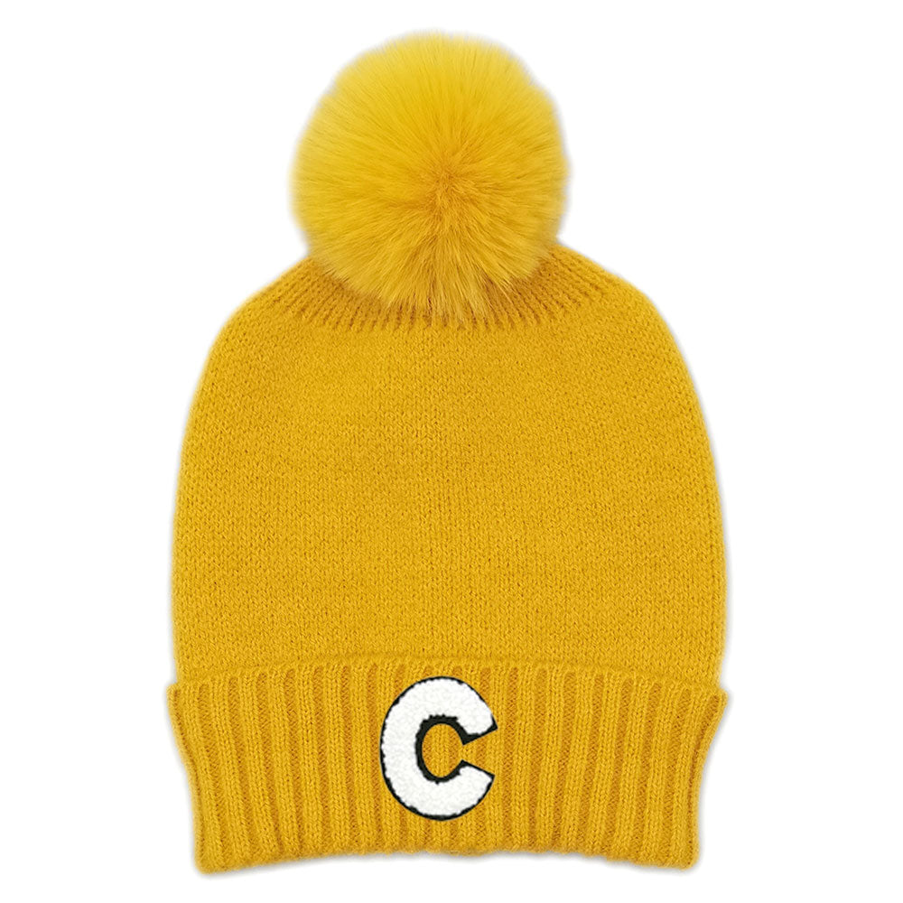 HATEGORY -C- Initial Monogram Faux Fur Pom Pom Knit Beanie Hat