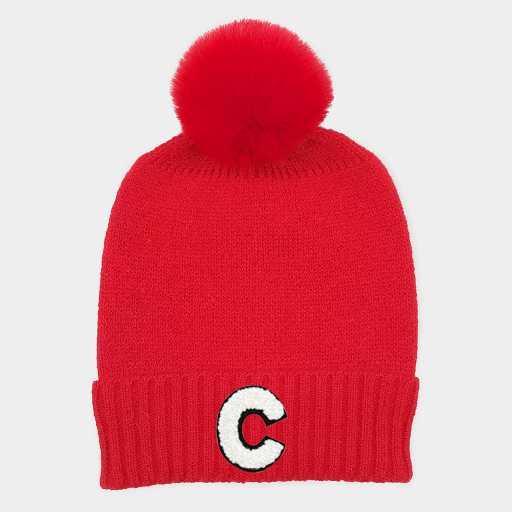 HATEGORY -C- Initial Monogram Faux Fur Pom Pom Knit Beanie Hat