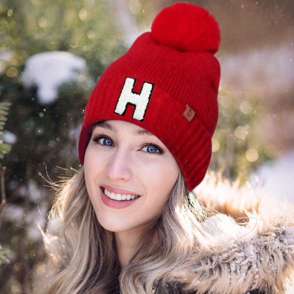HATEGORY -H- Initial Monogram Faux Fur Pom Pom Knit Beanie Hat