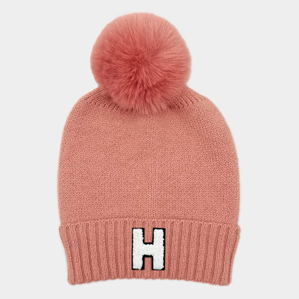 HATEGORY -H- Initial Monogram Faux Fur Pom Pom Knit Beanie Hat