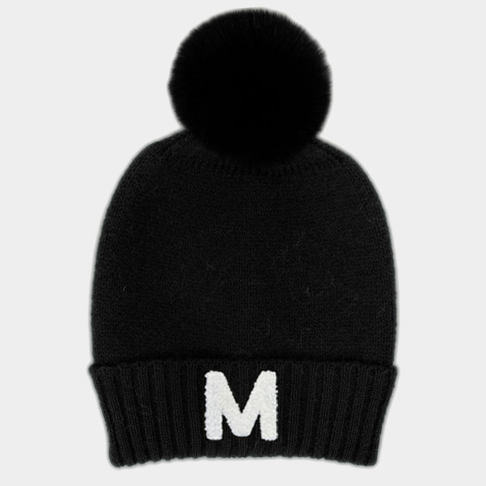 HATEGORY -M- Initial Monogram Faux Fur Pom Pom Knit Beanie Hat