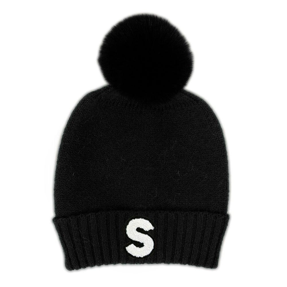 HATEGORY -S- Initial Monogram Faux Fur Pom Pom Knit Beanie Hat