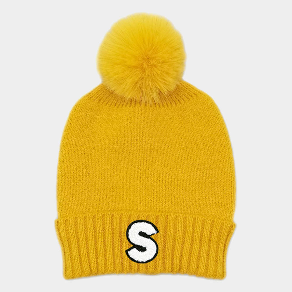 HATEGORY -S- Initial Monogram Faux Fur Pom Pom Knit Beanie Hat